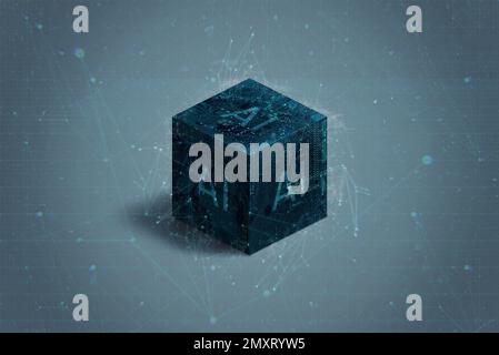 Abstrakter, futuristischer elektronischer Würfel, der das Konzept der künstlichen Intelligenz repräsentiert. Die elegante Metalloberfläche des Würfels und die leuchtenden Lichter sorgen für einen angenehmen Look Stockfoto