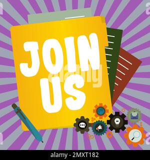 Schreiben Text anzeigen Treten Sie uns bei. Word geschrieben auf Register in Community Team oder Blog Melden Sie sich bei den sozialen Medien an Stockfoto