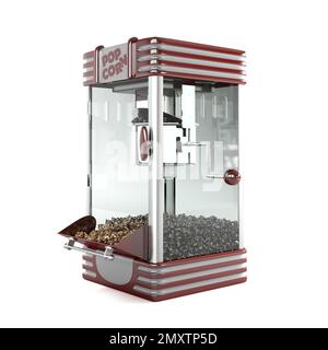 Eine 3D-Darstellung einer Popcorn-Maschine mit Schokoladen-Popcorn im Inneren, isoliert auf weißem Hintergrund Stockfoto