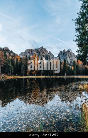 Herbstfarben des Lago d'Antorno und der Brücke in den Dolomiten Italien Stockfoto