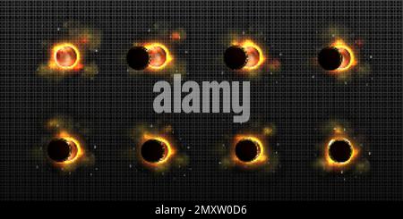 Sonne und Mond in Sonnenfinsternis in verschiedenen Phasen. Weltraum mit totaler und teilweiser Sonnenfinsternis, Sternen und Rauch isoliert auf transparentem Hintergrund Stock Vektor