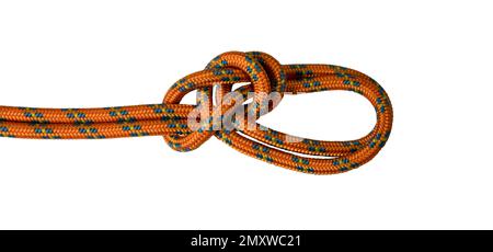 Bowline auf einem Ringknoten, Beispiel eines orangefarbenen Seils, weißer Hintergrund Stockfoto