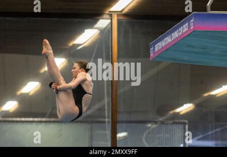 Hannah Newbrook in Aktion während der Vorbereitungen der Women’s Platform am dritten Tag des British National Diving Cup im Royal Commonwealth Pool in Edinburgh. Foto: Samstag, 4. Februar 2023. Stockfoto