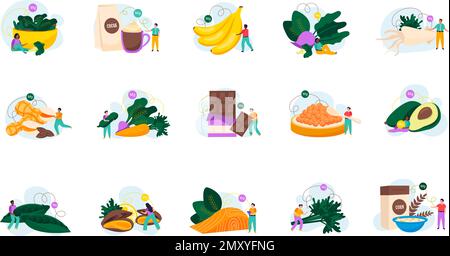Magnesium foods flat icons set with healthy products and tiny people isolated on white background vector illustration Stock Vektor