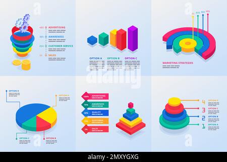 Sechs Infografiken-Vorlagen für Marketingpräsentationen mit Trichterpyramide und kreisförmigen mehrfarbigen Diagrammen isometrischer Vektordarstellung Stock Vektor