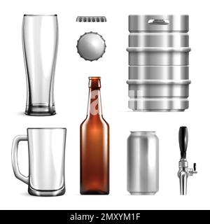 Realistisches Biermodell Icon Set Gläser Becher Eisenteller Flaschen und Deckel für Biervektoranschauungen Stock Vektor