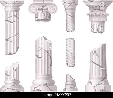 Zerbrochene Marmorsäulen und -Säulen mit klassischer Einrichtung im Barockstil realistische, isolierte Vektorbilder Stock Vektor