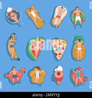 Die Menschen schweben auf bunten aufblasbaren Spielzeugen verschiedener Formen, die von oben auf blauem Hintergrund angeordnet sind. Eine isolierte Vektordarstellung Stock Vektor