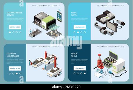 Isometrische Landing-Pages für den Service von Elektrofahrzeugen mit Informationen zu Ersatzteilen, Reparaturwerkzeugen, Vektordarstellung für die technische Wartung Stock Vektor