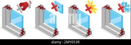 Isometrische Symbole aus Kunststofffenstern mit schalldämmenden und frostsicheren Symbolen Vektordarstellung Stock Vektor