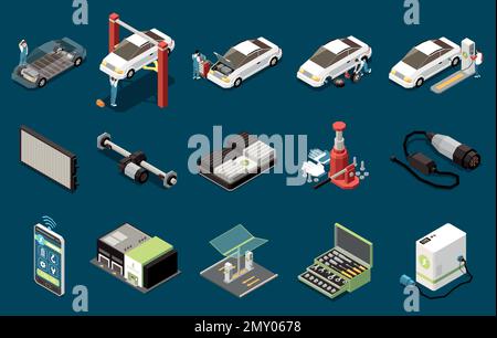 Isometrisches Set für die Wartung von Elektrofahrzeugen mit tragbarem Ladegerät, Lithium-Batterie, Reparaturwerkzeugkasten, Ladestation, Heber, isolierte Symbole, Vektorabbildungen Stock Vektor