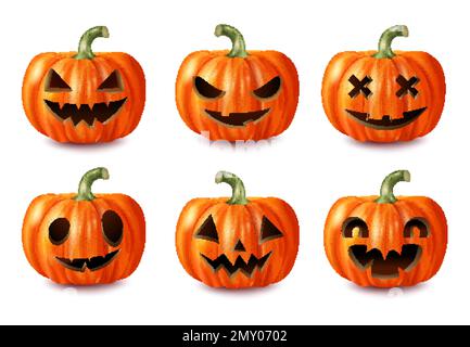 Realistische geschnitzte, gruselige Halloween-Kürbissymbole stellen isolierte Vektorbilder dar Stock Vektor