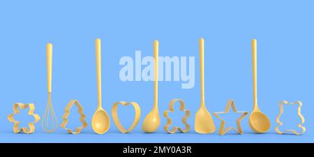 Set aus Plätzchenausstechern aus Metall und Küchenutensilien aus Holz auf monochromem Hintergrund. 3D Wiedergabe von Küchengeräten und Zubehör für das Kochen Stockfoto