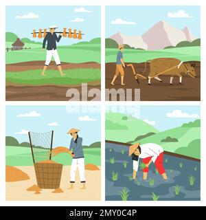 Asiatische Bauern flach 2x2 Set mit Männern und Frauen, die auf den Feldern Reis pflügen, mit Bull-isolierter Vektordarstellung Stock Vektor