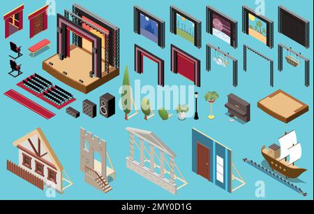 Isometrische Ikonen im Theaterinneren mit Elementen der Bühne und Landschaft, isolierte Vektordarstellung Stock Vektor
