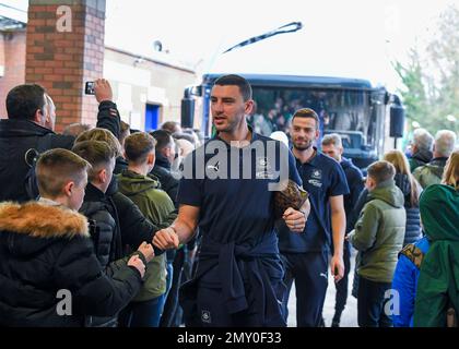 Plymouth Argyle Verteidiger James Wilson (5) erscheint während des Spiels Sheffield Wednesday vs Plymouth Argyle in Hillsborough, Sheffield, Großbritannien, 1 4. Februar 2023 (Foto: Stanley Kasala/News Images) Stockfoto