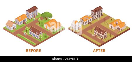 Siedlung vor und nach der Katastrophe zwei isometrische isolierte Kompositionen mit ganzen und verfallenen Gebäuden 3D Vektordarstellung Stock Vektor