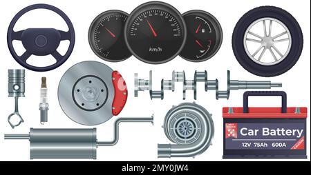 Autoteile realistisches Set mit Symbolen für Autobatterien isolierte Vektordarstellung Stock Vektor