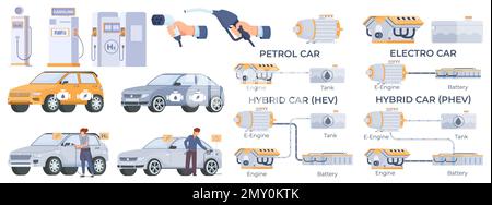 Hybrid-Fahrzeug-Set mit Transportsymbolen flache, isolierte Vektordarstellung Stock Vektor