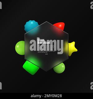 Sechseck im Glas-Morphismus-Stil. Vektorbanner-ui-Designvorlage. Sechseck mit geometrisch gefärbten Geometrieformen auf dunklem Hintergrund. Stock Vektor