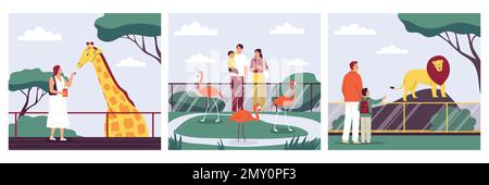 Zookompositionen mit Menschen, die Giraffen füttern und auf Löwen und Flamingos schauen flache, isolierte Vektordarstellung Stock Vektor