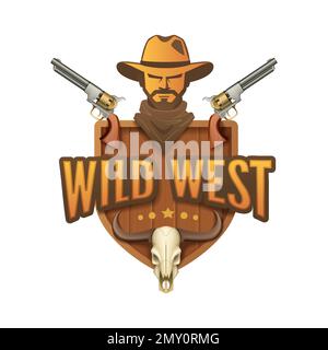 Wildwest-Cartoon-Emblem mit menschlicher Kopfpistole mit Tierschädel und editierbarer Textvektordarstellung Stock Vektor