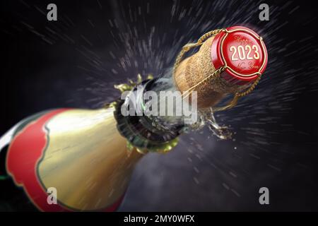 Frohes neues 2023. Jahr. Champagnerflasche und Champagnerkorken mit 2023-ml-Paprika. 3D Abbildung Stockfoto
