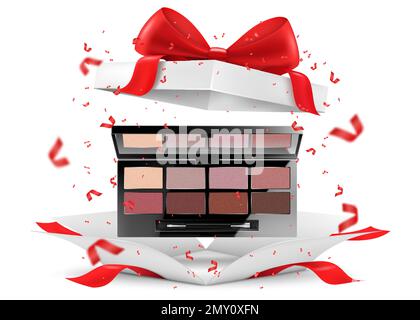Make-up-Schattenpalette oder Blütenpüree-Set in offener Geschenkbox, isoliert auf weißem Hintergrund. Weiße Geschenkbox mit Kosmetikartikeln. Geschenk, Geschenk, Überraschung Stock Vektor