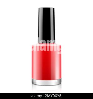 Runde, rote, glänzende Nagellackflasche mit schwarzem Verschluss, isoliert auf weißem Hintergrund. Vorlage für realistische Verpackungsmodelle. Vorderansicht. Vektor 3D illustr Stock Vektor