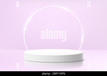 Realistisches weißes 3D-Zylinder-Podium mit leuchtendem Neonring auf violettem Hintergrund. Weiße minimale Wandszene für die Produktdarstellung vorhanden Stock Vektor