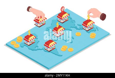 Franchisekonzept mit isometrischen Vektordarstellungen für Geschäfts- und Finanzsymbole Stock Vektor