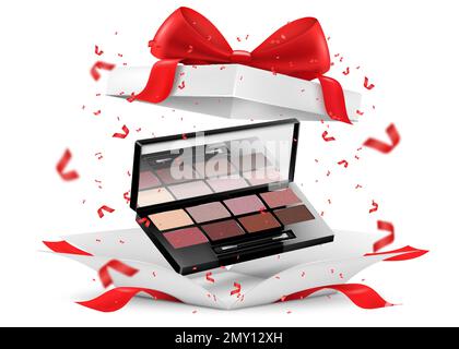 Make-up-Schattenpalette oder Blütenpüree-Set in offener Geschenkbox, isoliert auf weißem Hintergrund. Weiße Geschenkbox mit Kosmetikartikeln. Geschenk, Geschenk, Überraschung Stock Vektor