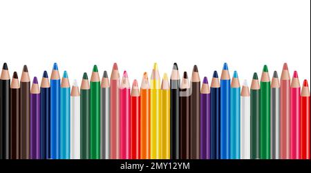 Set aus mehrfarbigen Bleistiften oder Buntstiften, isoliert auf weißem Hintergrund. Zurück zur Schule. Vorlagendesign für Präsentationen, Publikationen, Schulungen. R Stock Vektor