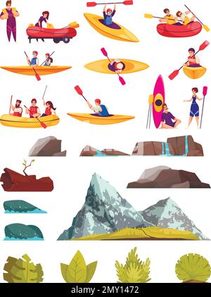 Rafting-Cartoon-Ikonen mit Fluss- und Bergsportaktivitäten, isolierte Vektordarstellung Stock Vektor