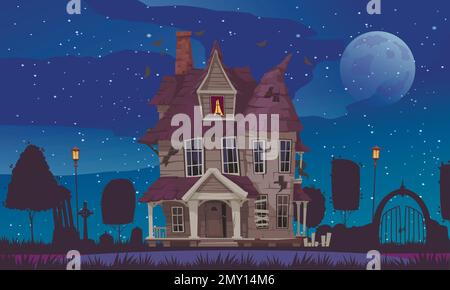 Horrorhaus-Poster mit vernachlässigtem Gebäude mit Nachtfriedhof auf einem Hintergrund-Cartoon-Vektorbild Stock Vektor