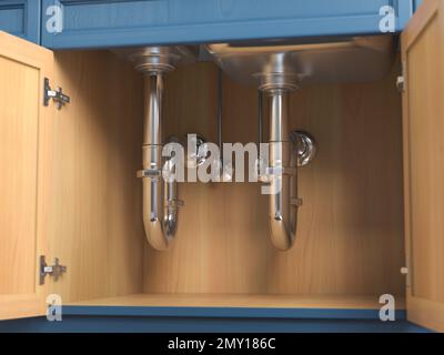 Metallrohre unter dem Waschbecken in der Küche. 3D Abbildung Stockfoto