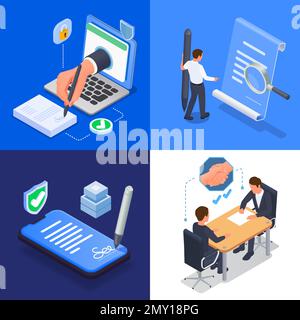 Vertragsvereinbarung 2x2 Designkonzept mit Personen, die Papiere unterzeichnen und eine isolierte isometrische Vektordarstellung mit elektronischer Signatur anbringen Stock Vektor