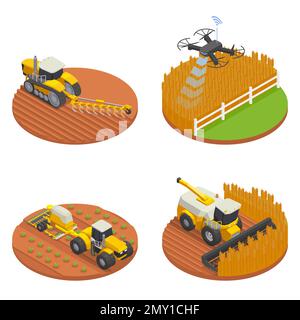 Modernes, ferngesteuertes isometrisches Designkonzept für Landmaschinen mit isolierter 3D-Vektordarstellung Stock Vektor