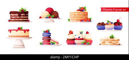 Flache Desserts Set aus köstlichen Kuchen Käsekuchen Tiramisu Cupcakes Makronen mit Beeren und Minze isolierte Vektordarstellung Stock Vektor