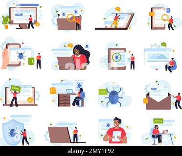 Symbole für QS-Techniker mit Symbolen für Softwaretests flache isolierte Vektordarstellung Stock Vektor