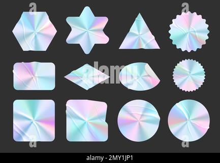 Realistische Aufkleber und Etiketten Hologrammsatz isolierter Abzeichen mit unterschiedlichen Formen und ähnlicher Darstellung des Verlaufshintergrunds Stock Vektor