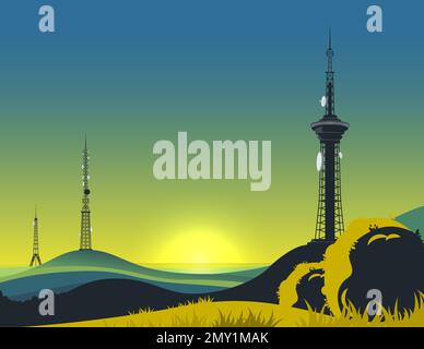 Komposition des Kommunikationsturms mit Sonnenuntergangslandschaft, klarem Himmel und modernen Telekommunikationstürmen auf fernen Hügeln Vektordarstellung Stock Vektor
