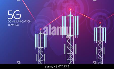 Kommunikationsmasten 5G Komposition mit Funkwellen Laser Hintergrund und Text mit Bildern von Mobilfunkmasten Vektordarstellung Stock Vektor