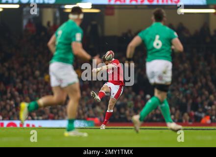 Cardiff, Großbritannien. 04. Februar 2023. 4. Februar 2023; Fürstentum Stadion, Cardiff, Wales: Six Nations International Rugby Wales gegen Irland; Dan Biggar of Wales startet das Spiel erneut Credit: Action Plus Sports Images/Alamy Live News Stockfoto