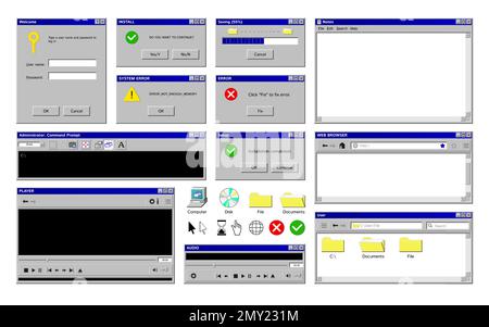Alte Programmfenster mit isolierten Bildern der Benutzeroberfläche der Retro-Computer-App mit farbigen Symbolen Schaltflächen Vektordarstellung Stock Vektor