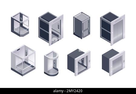 Isometrischer Satz von Objekten in verschiedenen Formen mit transparenten oder metallischen Türen und Wänden und isoliert auf weißem Hintergrund Stock Vektor