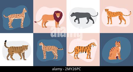 Wildkatzen-Flachset quadratischer Kompositionen mit isolierten Doodle-Stilbildern wilder Katzentiere Vektordarstellung Stock Vektor