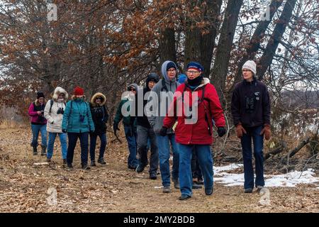Eine Gruppe von Vogelbeobachtern auf einer Wanderung im Winter im Big Marine Park Reserve, Marine auf St. Croix, Minnesota, USA. Stockfoto