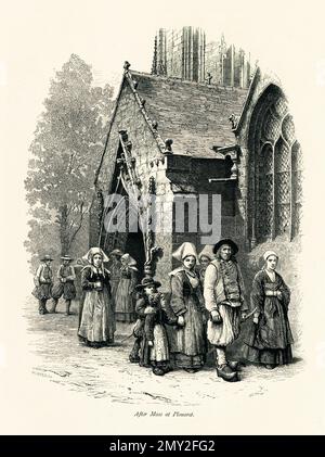 Eine antike Gravur, die Personen darstellt, die die Kirche nach der Messe in Plouaret, Bretagne, Frankreich verlassen. Illustration veröffentlicht im malerischen Europa, Vol. III Stockfoto