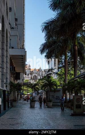 Der breite Kopfsteinpflastersteinpflaster der Treze de Maio Avenue in der Innenstadt, das nahe gelegene Stadttheater (Theatro Municipal) unter klarem blauen Himmel am Sommernachmittag. Stockfoto